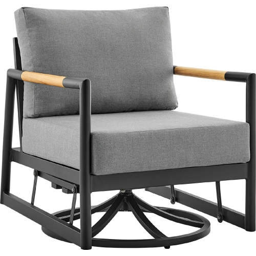 Royal Outdoor Swivel Glider Lounge Chair in Black Aluminum, Teak & Gray Fabric (Set of 2)