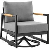 Royal Outdoor Swivel Glider Lounge Chair in Black Aluminum, Teak & Gray Fabric (Set of 2)