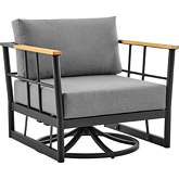 Shari Outdoor Swivel Glider Chair in Black Aluminum, Teak & Grey Fabric (Set of 2)