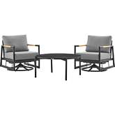 Royal & Tiffany 3 Pc Outdoor Accent Chair Set in Black Aluminum, Teak & Grey Fabric