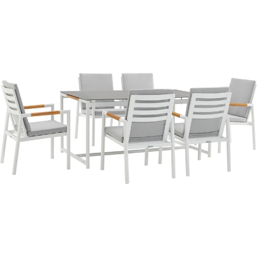 Royal 7 Piece Outdoor Dining Set in White Aluminum, Teak & Light Gray Fabric
