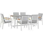 Royal 7 Piece Outdoor Dining Set in White Aluminum, Teak & Light Gray Fabric