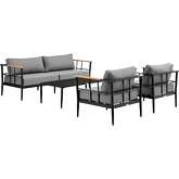 Shari Outdoor 4 Piece Sofa Set in Aluminum & Teak Wood & Grey Fabric