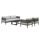 Felicia 4 Piece Outdoor Sofa Set in Black Aluminum, Rope & Light Gray Fabric
