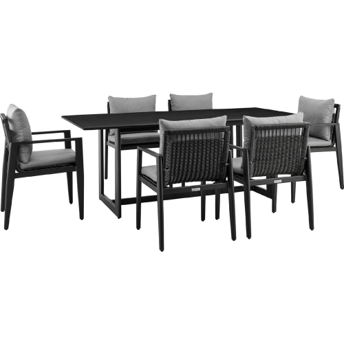 Grand Outdoor 7 Piece Dining Table Set in Black Aluminum & Grey Fabric