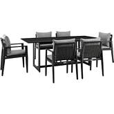 Grand Outdoor 7 Piece Dining Table Set in Black Aluminum & Grey Fabric