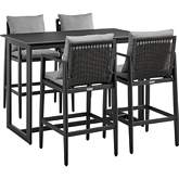 Grand Outdoor 5 Piece Bar Dining Set in Black Aluminum & Grey Fabric