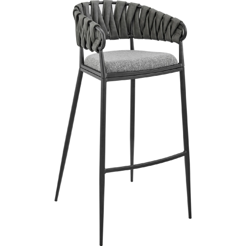 Vigona Bar Stool in Black Metal, Grey Leatherette & Fabric