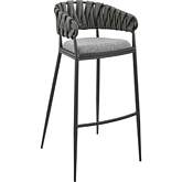 Vigona Bar Stool in Black Metal, Grey Leatherette & Fabric