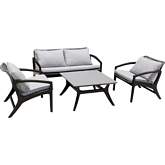 Brighton 4 Piece Outdoor Loveseat Set in Dark Wood, Grey Rope & White Fabric