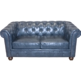 Winston Chesterfield Loveseat in Tufted Vintage Blue Leather w/ Nailhead Trim