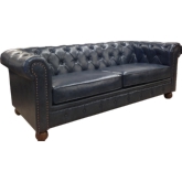 Winston Chesterfield Sofa in Tufted Vintage Blue Leather w/ Nailhead Trim