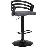 Adele Adjustable Height Swivel Bar Stool in Grey Leatherette, Black Wood & Black