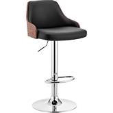 Asher Adjustable Height Bar Stool in Black Leatherette, Walnut & Chrome