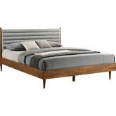 Artemio King Platform Bed in Channel Tufted Gray Fabric & Walnut Finish