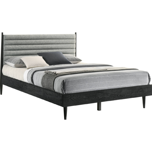 Artemio Queen Platform Bed in Channel Tufted Gray Fabric & Black Wood
