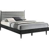 Artemio Queen Platform Bed in Channel Tufted Gray Fabric & Black Wood