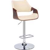Aspen Adjustable Height Swivel Bar Stool in Cream Leatherette, Walnut Finish & Chrome