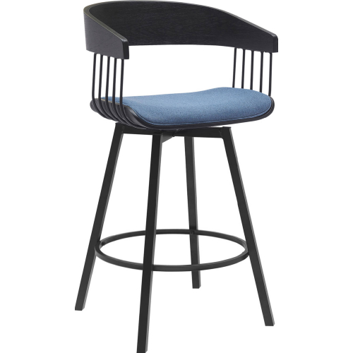 Athena 27" Swivel Counter Stool in Black Wood, Blue Fabric & Black Metal