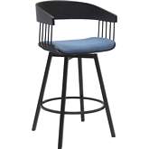 Athena 27" Swivel Counter Stool in Black Wood, Blue Fabric & Black Metal