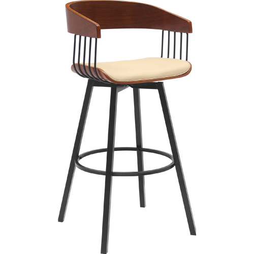 Athena 31" Swivel Bar Stool in Walnut Wood, Cream Leatherette & Black Metal