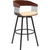 Athena 31" Swivel Bar Stool in Walnut Wood, Cream Leatherette & Black Metal