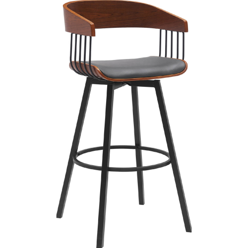 Athena 31" Swivel Bar Stool in Walnut Wood, Gray Leatherette & Black Metal