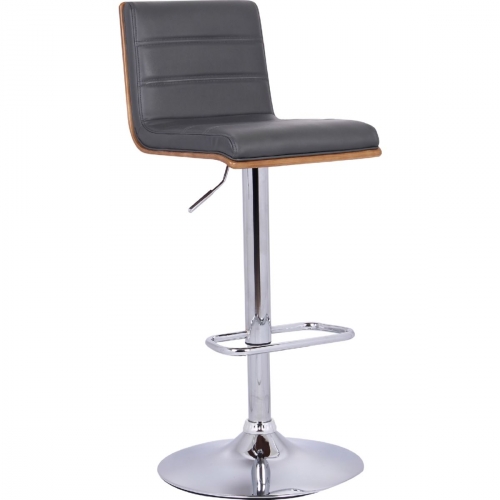 Aubrey Adjustable Height Bar Stool in Chrome Base Finish with Black Leatherette & Walnut Back
