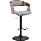 Benson Adjustable Height Bar Stool in Gray Leatherette, Walnut & Black Metal