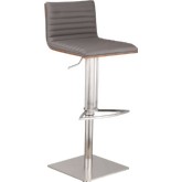 Cafe Adjustable Height Bar Stool in Gray Leatherette w/ Walnut Back on Brushed Stainless