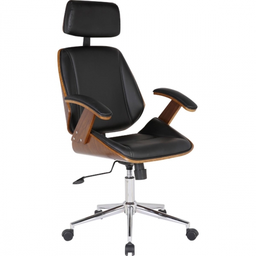 Century Office Chair with Multifunction in Chrome with Black Leatherette & Walnut Veneer Back