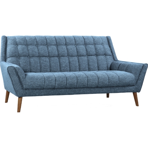 Cobra Mid Century Modern Sofa in Tufted Blue Linen on Walnut Legs