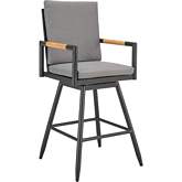 Crown Outdoor Swivel 30" Bar Stool in Black Aluminum, Tan Rope & Dark Gray Fabric (Set of 2)