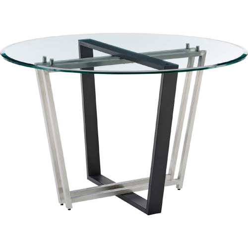 Devi 48" Round Dining Table in Brushed Stainless Steel, Black Iron & Glass