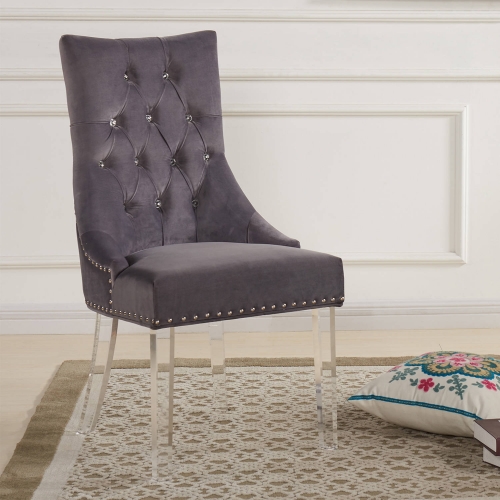 Gobi Modern Dining Chair in Tufted Gray Velvet with Nailhead on Acrylic Legs (Set of 2)