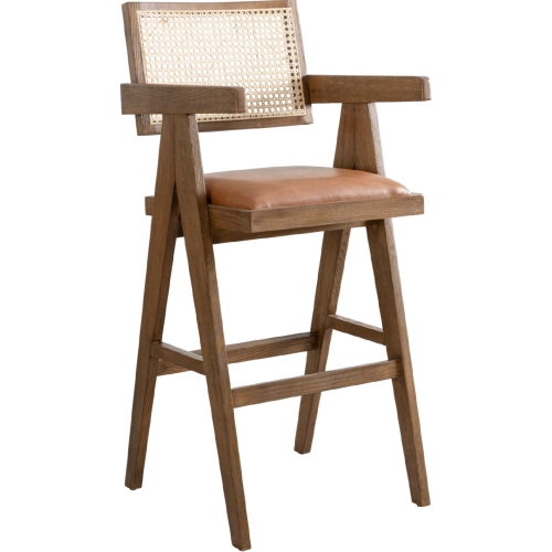 Harley 30" Bar Stool in Red Brown Leatherette, Rattan & Nutmeg Brown Wood