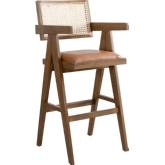 Harley 30" Bar Stool in Red Brown Leatherette, Rattan & Nutmeg Brown Wood