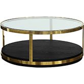 Hattie Coffee Table in Tempered Glass, Black Wood & Brushed Gold Steel