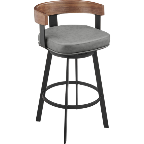Idris 26" Swivel Counter Stool in Black Iron, Walnut Finish & Vintage Gray Leatherette