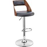 Itzan Adjustable Height Swivel Bar Stool in Grey Leatherette & Walnut Finish & Chrome