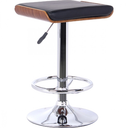 Java Adjustable Height Bar Stool in Chrome Base with Walnut Wood & Black Leatherette Seat
