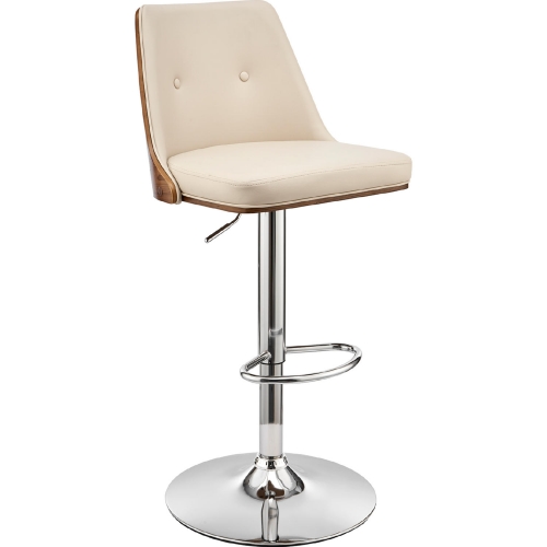 Jacob Adjustable Height Swivel Bar Stool in Cream Leatherette & Walnut Finish & Chrome
