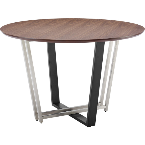 Joana 48" Round Dining Table in Brushed Stainless Steel, Black Iron & Walnut Veneer