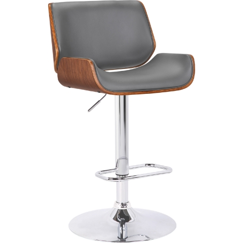 London Adjustable Height Swivel Bar Stool in Grey Leatherette & Walnut on Chrome