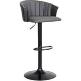 Lydia Adjustable Height Bar Stool in Gray Leatherette, Black Wood & Black Metal