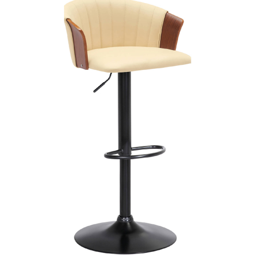 Lydia Adjustable Height Bar Stool in Cream Leatherette, Walnut Wood & Black Metal