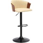 Lydia Adjustable Height Bar Stool in Cream Leatherette, Walnut Wood & Black Metal