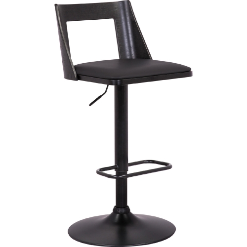 Milan Adjustable Height Swivel Bar Stool in Black Leatherette, Black Wood & Black