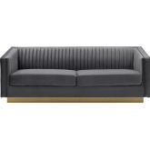 Miranda Sofa in Channel Tufted Dark Grey Velvet & Antique Gold Metal