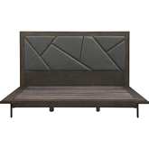 Marquis King Platform Bed in Smoke Oak, Grey Leatherette & Black Metal